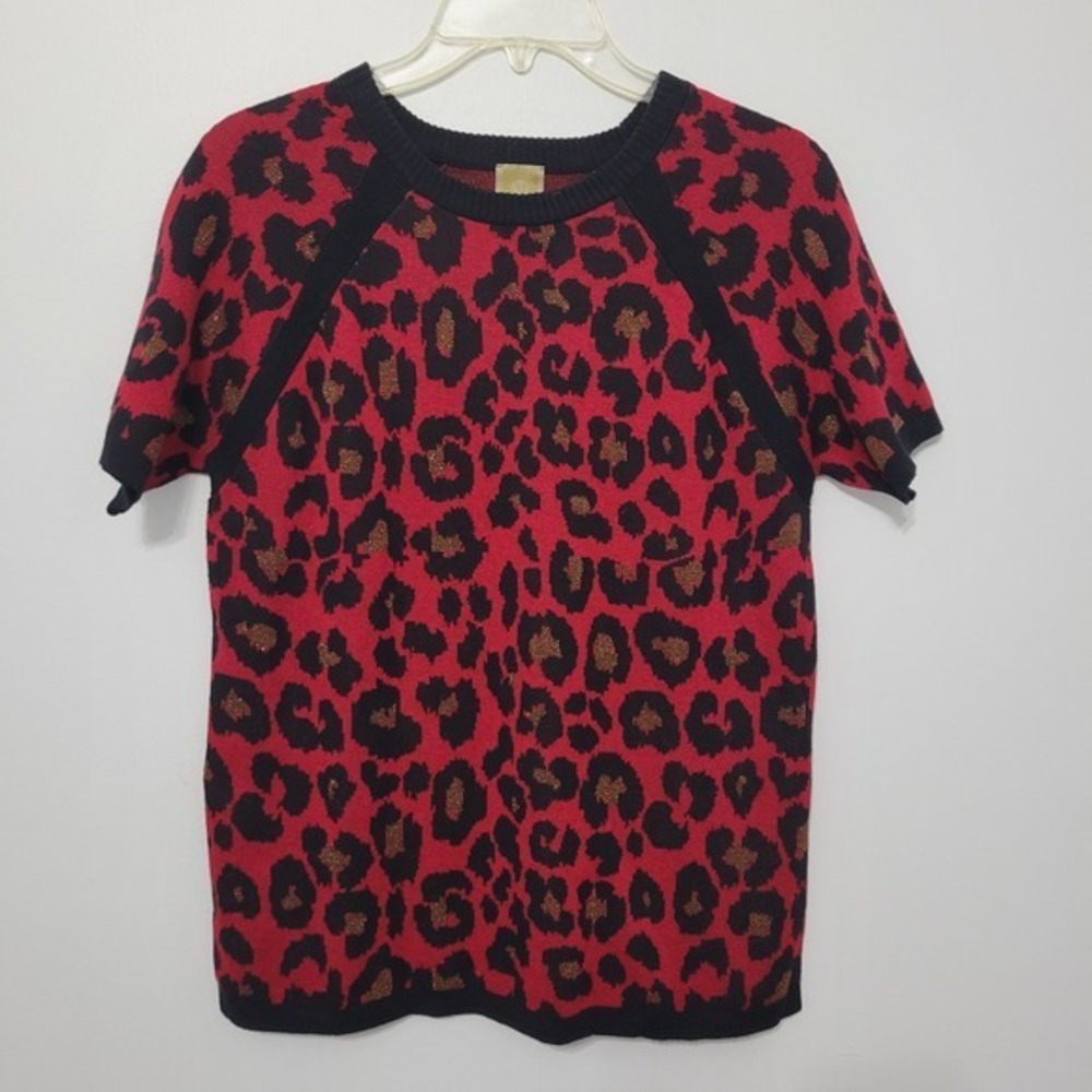 Anne‎ Klein Women's Short Sleeve Sweater Size S Red Black Leopard Print Office